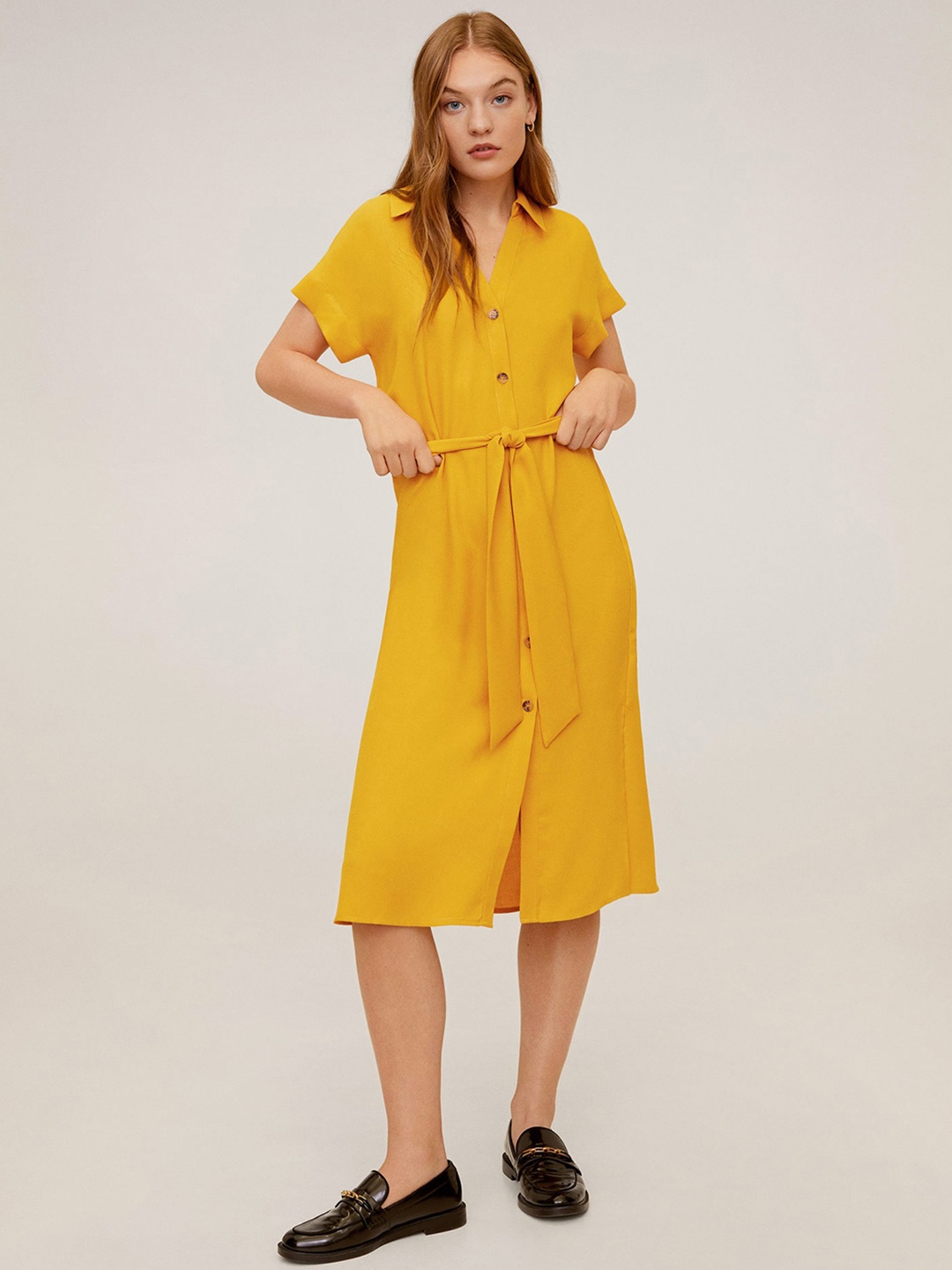 

MANGO Women Mustard Yellow Solid A-Line Dress