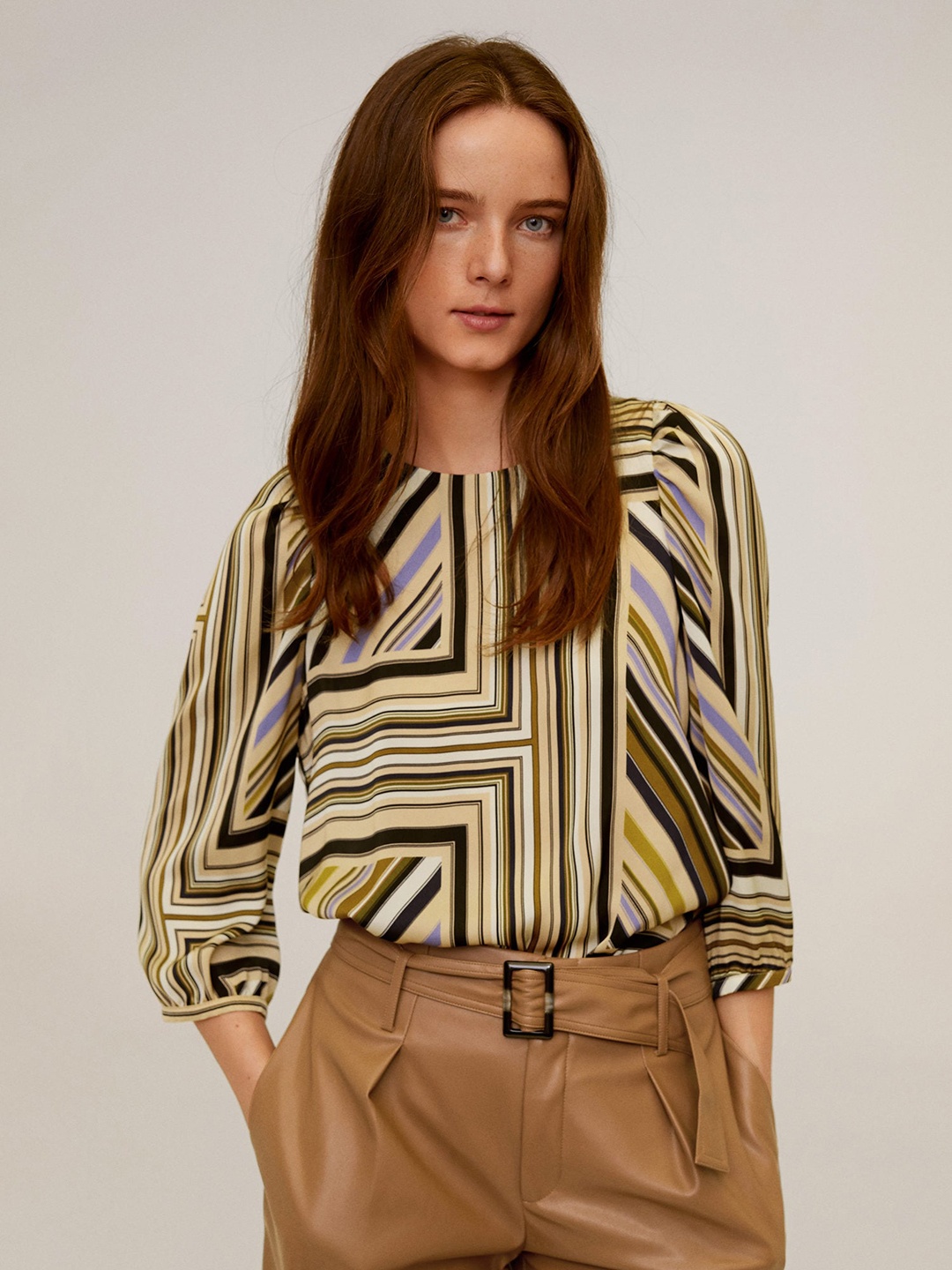 

MANGO Women Beige & Black Geometric Printed Top