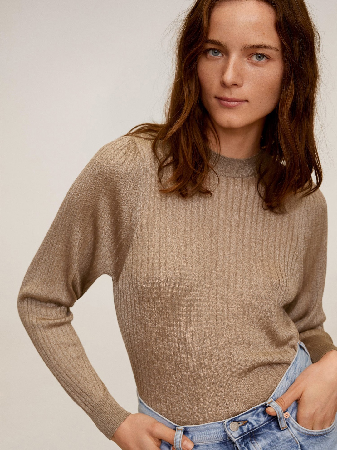 

MANGO Women Beige Self-Striped Pullover