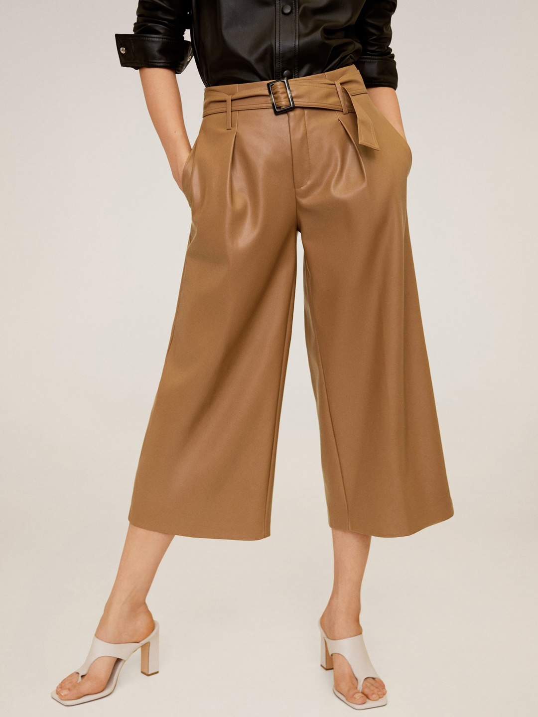 

MANGO Women Brown Regular Fit Solid Coated Cropped Parallel Trousers