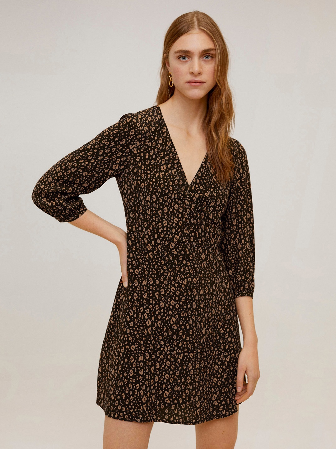 

MANGO Women Black & Brown Animal Printed A-Line Dress