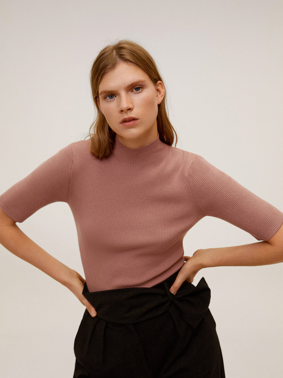 

MANGO Women Mauve Ribbed Top