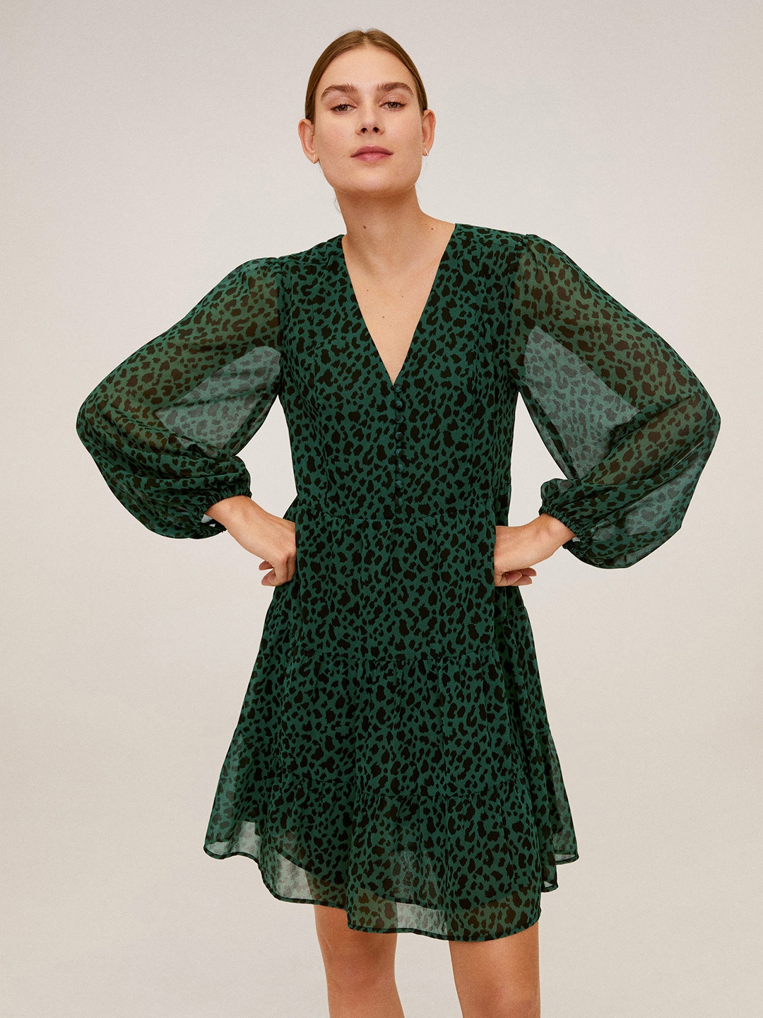 

MANGO Women Green & Black Animal Printed A-Line Sustainable Dress