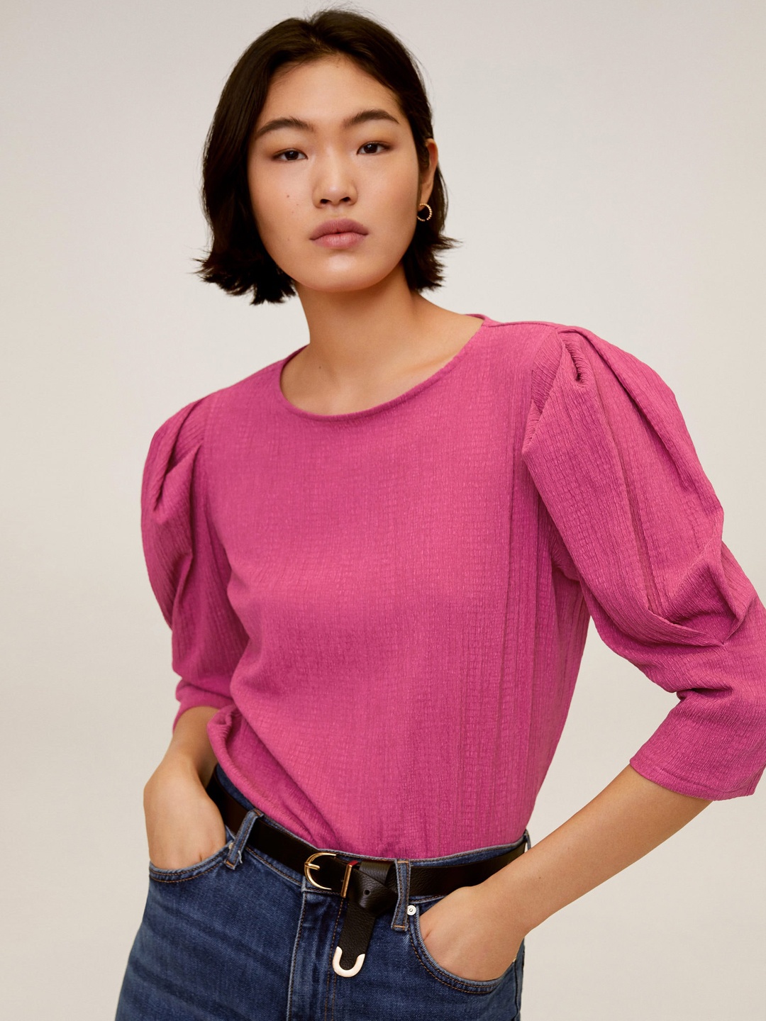 

MANGO Women Pink Solid Crinkled Puff Sleeves Top