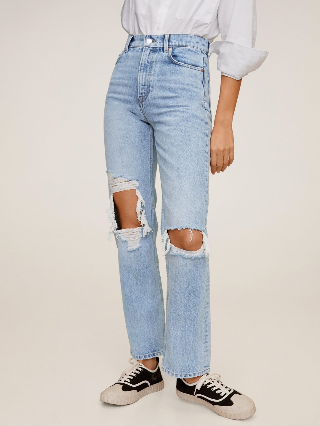 

MANGO Women Blue Straight Fit Mid-Rise Slash Knee Sustainable Jeans