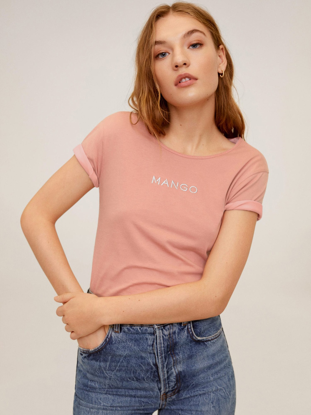 

MANGO Women Dusty Pink Solid Round Neck Pure Cotton T-shirt