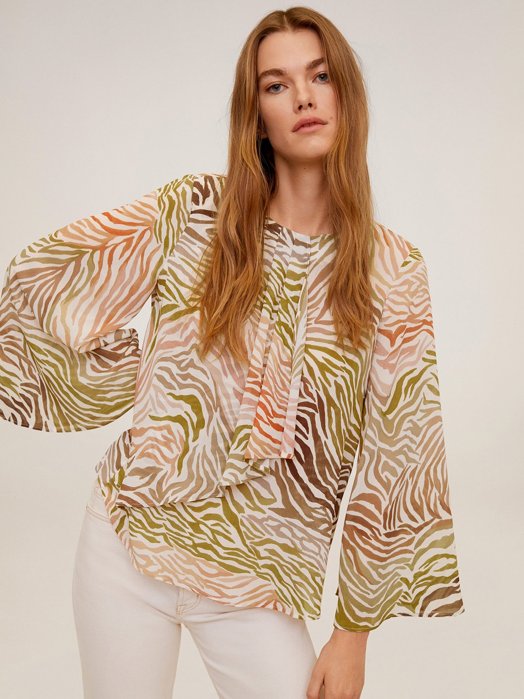 

MANGO Women Off-White & Green Printed Top