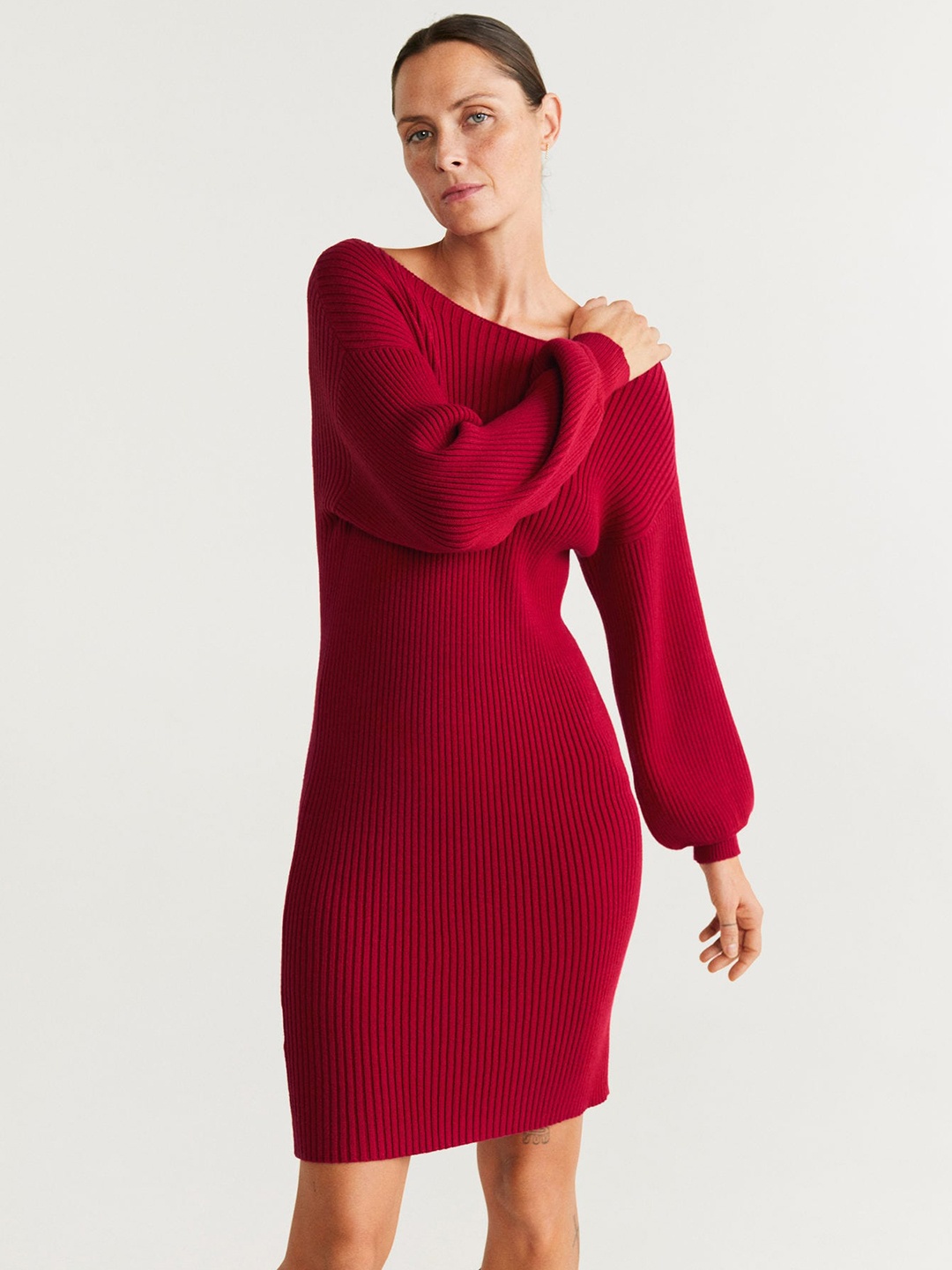 

MANGO Women Maroon Ribbed Sweater Dress