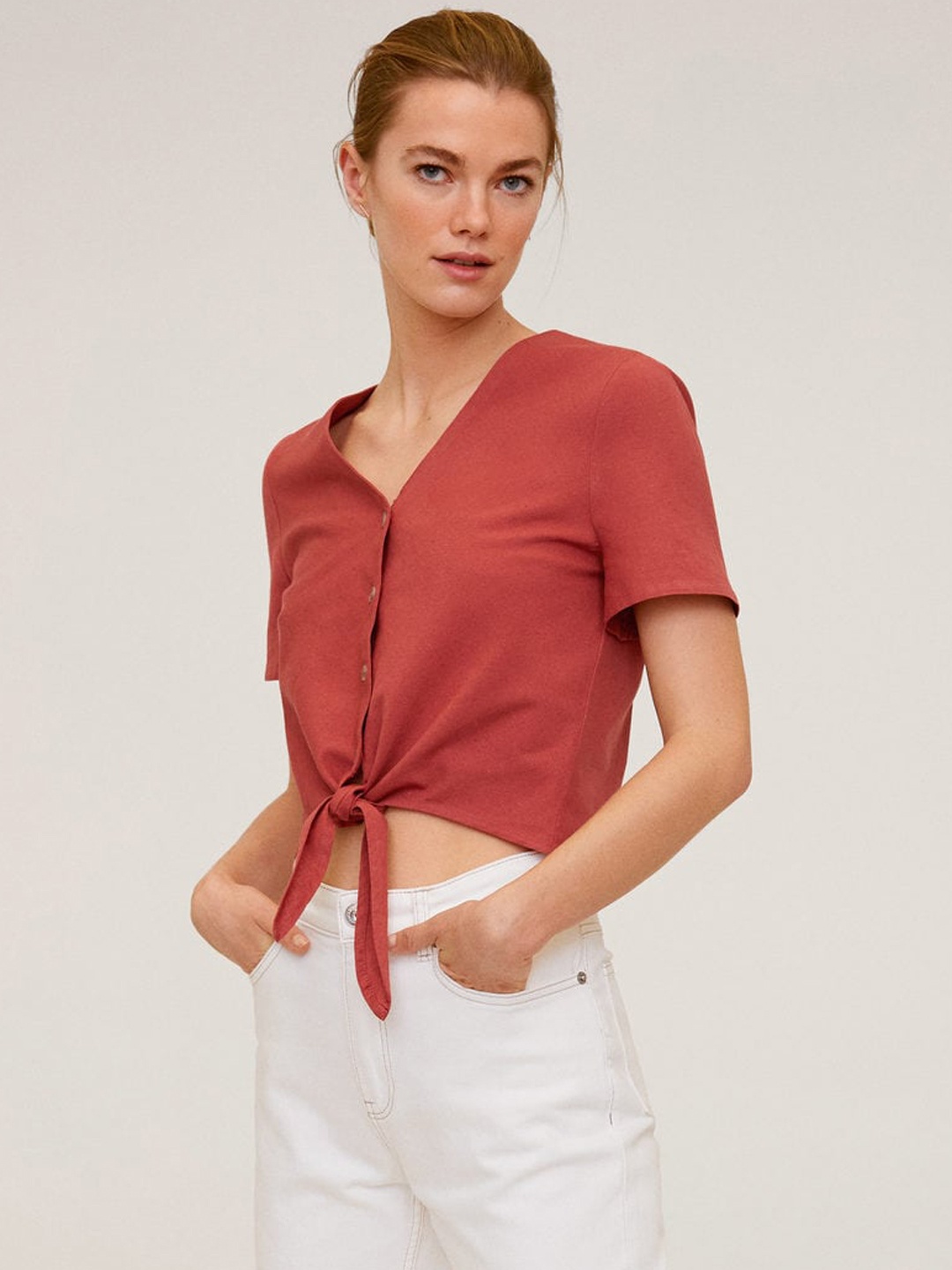 

MANGO Women Rust Red Solid Waist Tie-Up Crop Top