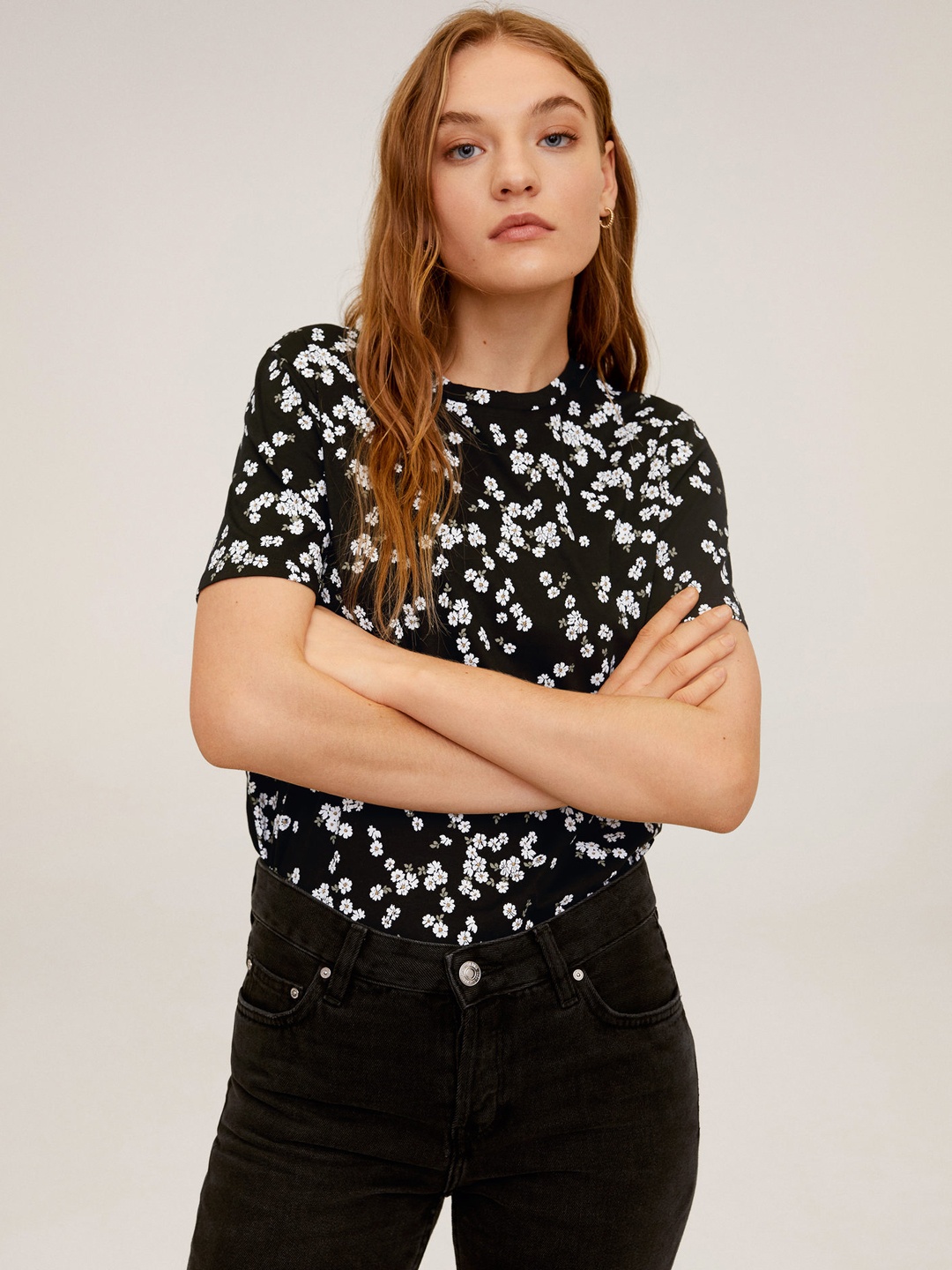 

MANGO Women Black White Floral Printed Round Neck Pure Cotton T-shirt