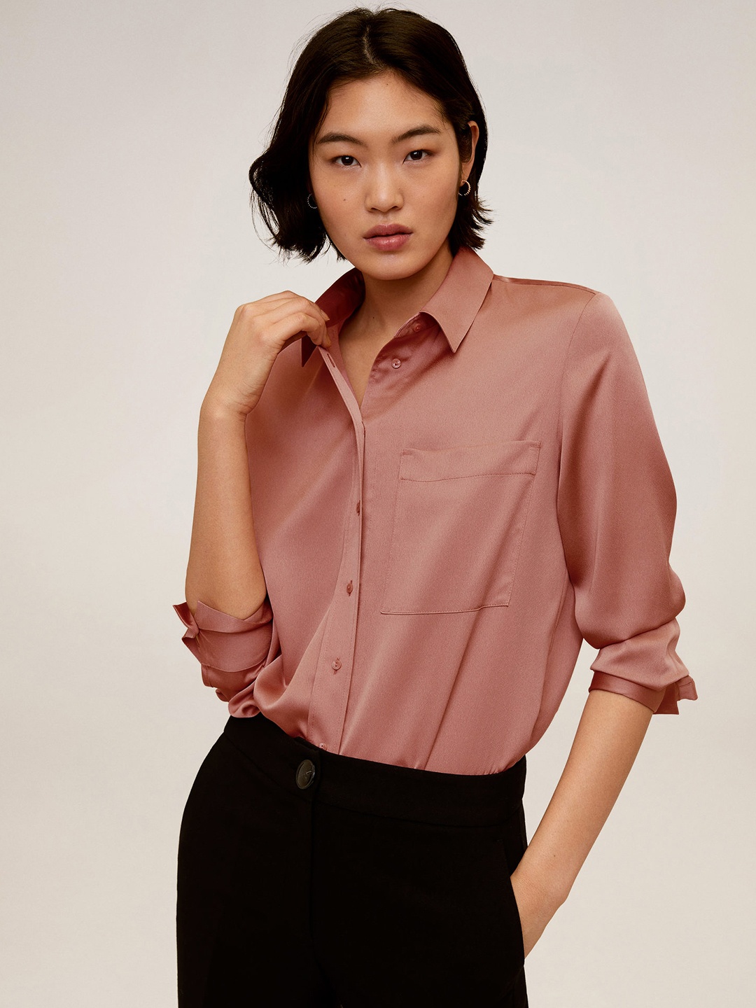 

MANGO Women Dusty Pink Solid Satin Formal Shirt