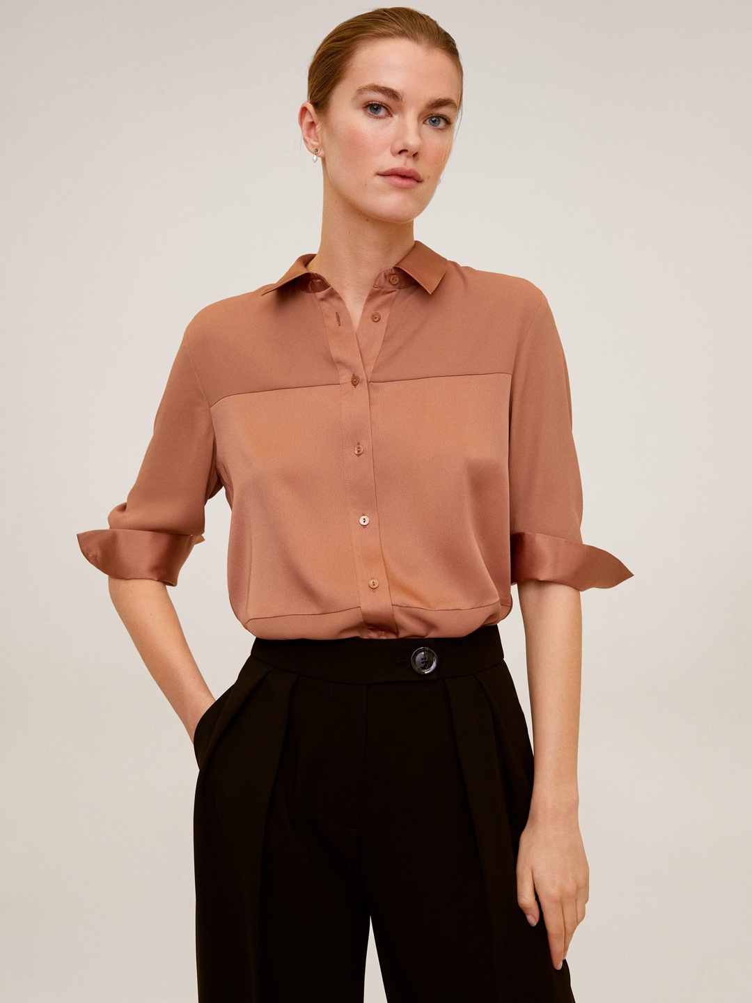 

MANGO Women Brown Satin Finish Regular Fit Solid Casual Shirt