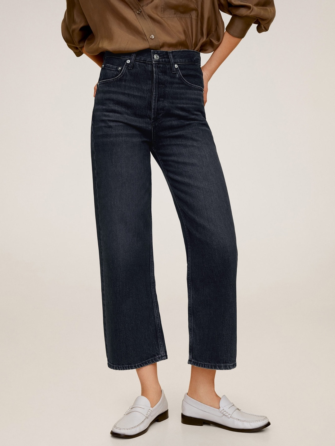 

MANGO Women Navy Blue Gabriela Fit Mid-Rise Clean Look Non-Stretchable Cropped Sustainable Jeans