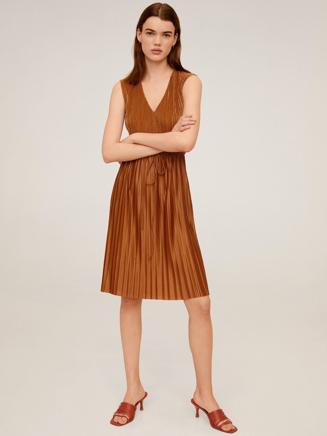 

MANGO Women Mustard Brown Solid Accordion Pleated A-Line Dress