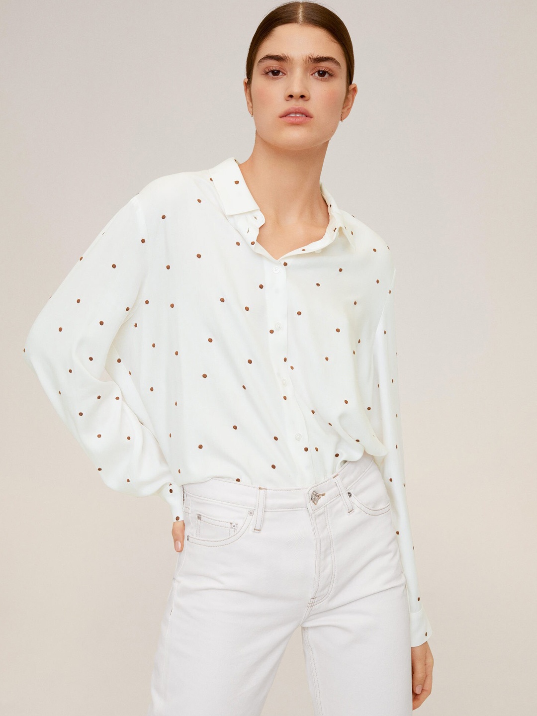 

MANGO Women Off-White & Brown Regular Fit Polka Dots Self-Design Casual Shirt