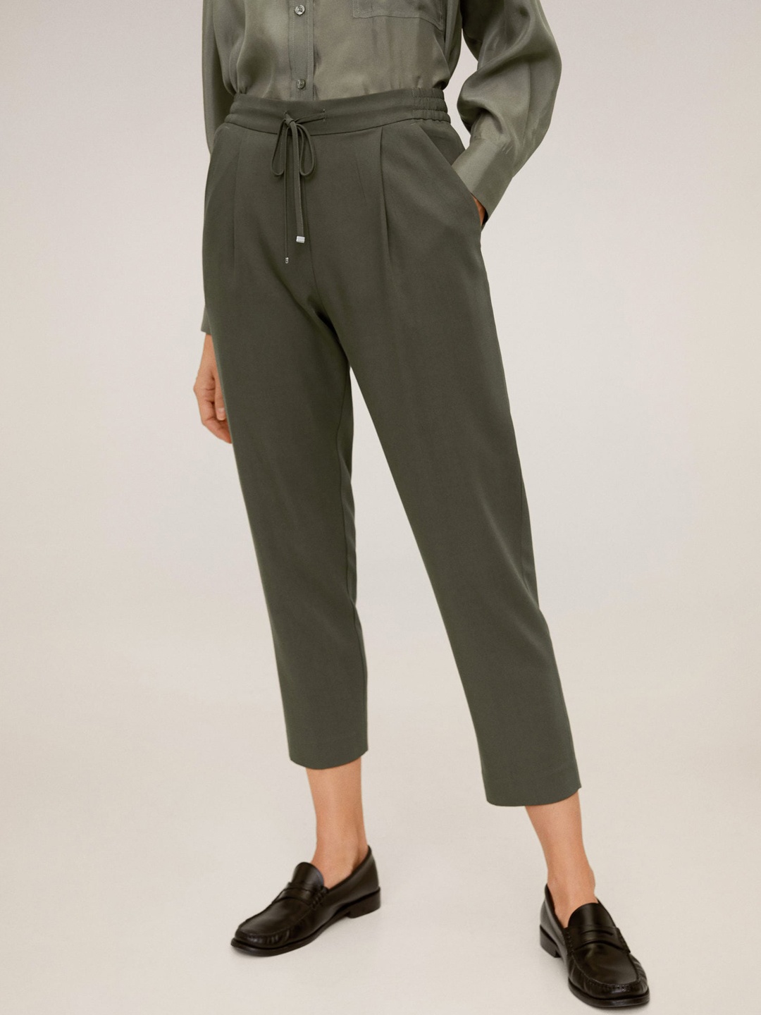 

MANGO Women Olive Green Straight Fit Solid Peg Trousers