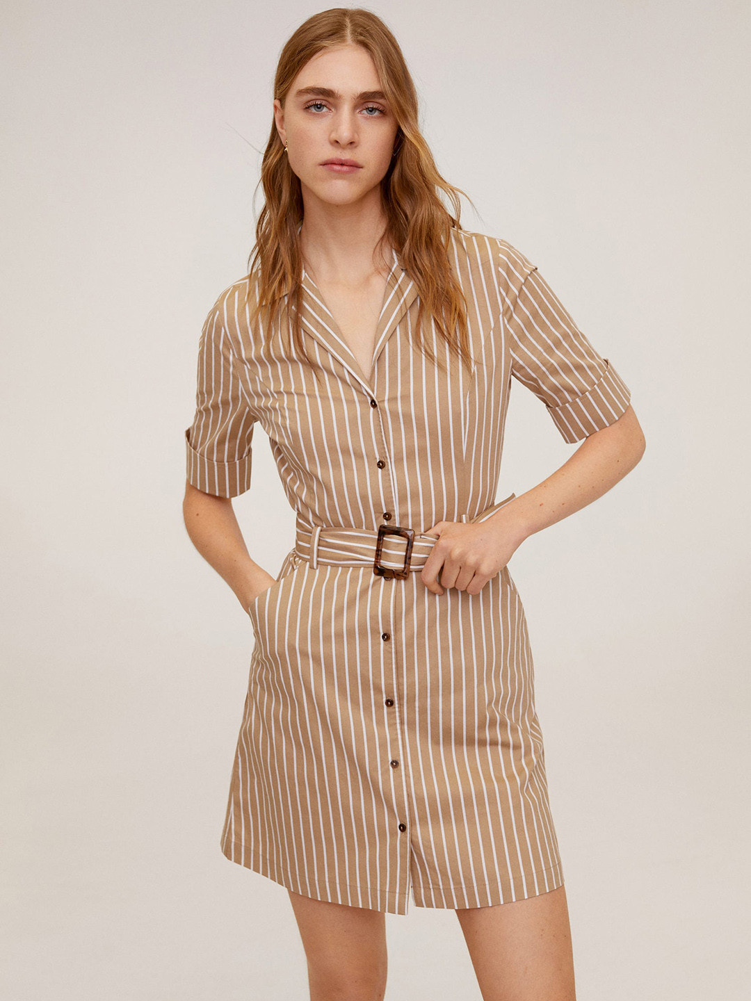 

MANGO Women Beige & White Striped Shirt Dress
