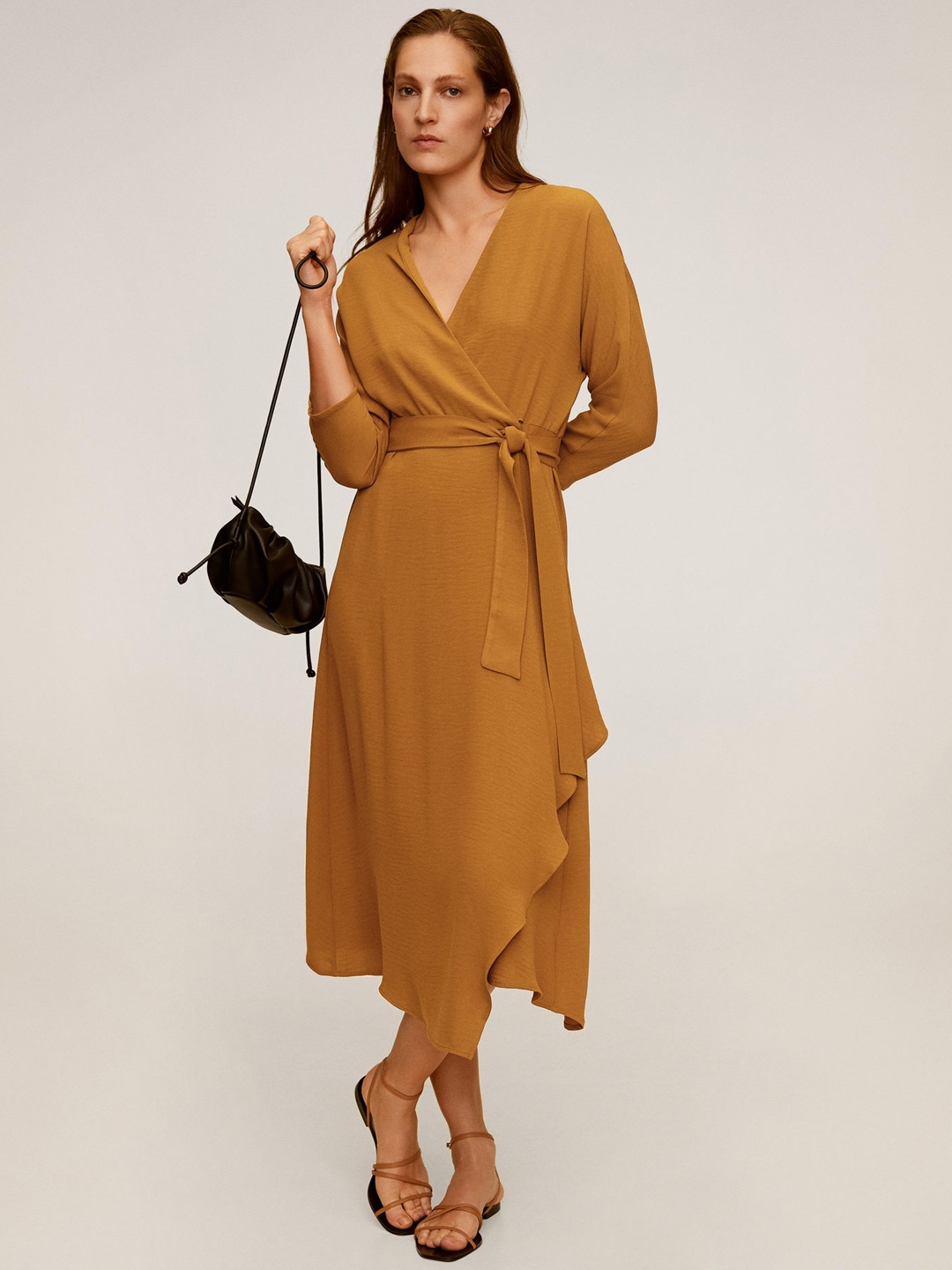 

MANGO Women Mustard Yellow Solid Wrap Dress