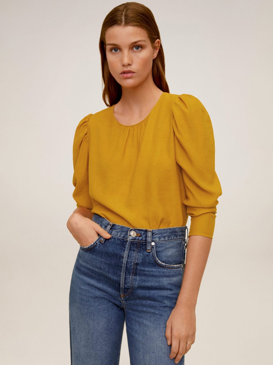 

MANGO Women Mustard Yellow Solid Top