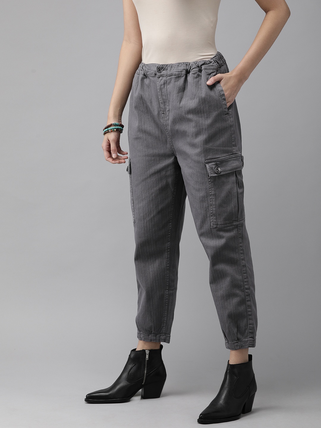 

Roadster Women Charcoal Grey Regular Fit Solid Cargos