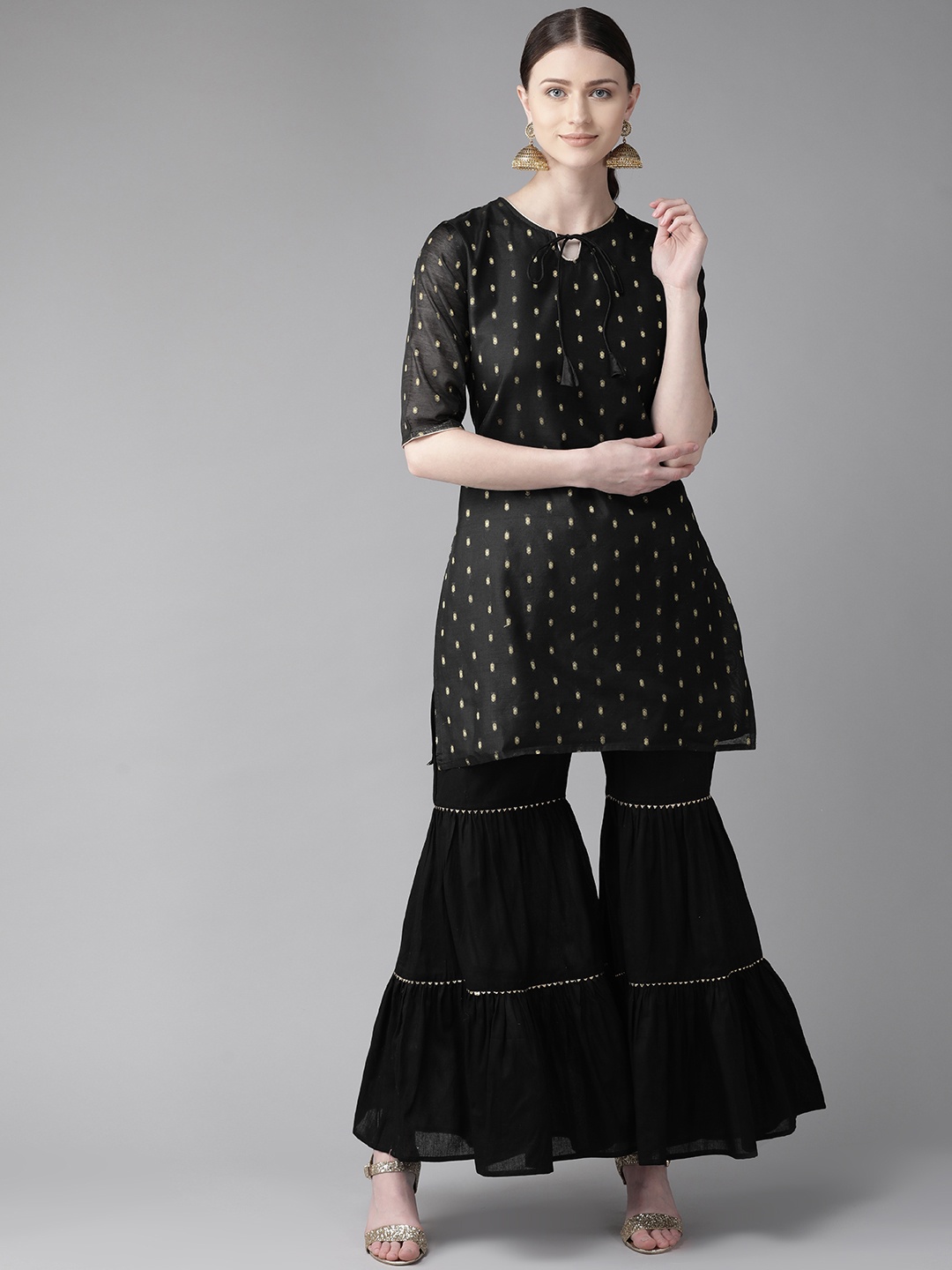 

Bhama Couture Women Black & Golden Woven Design Kurta with Sharara