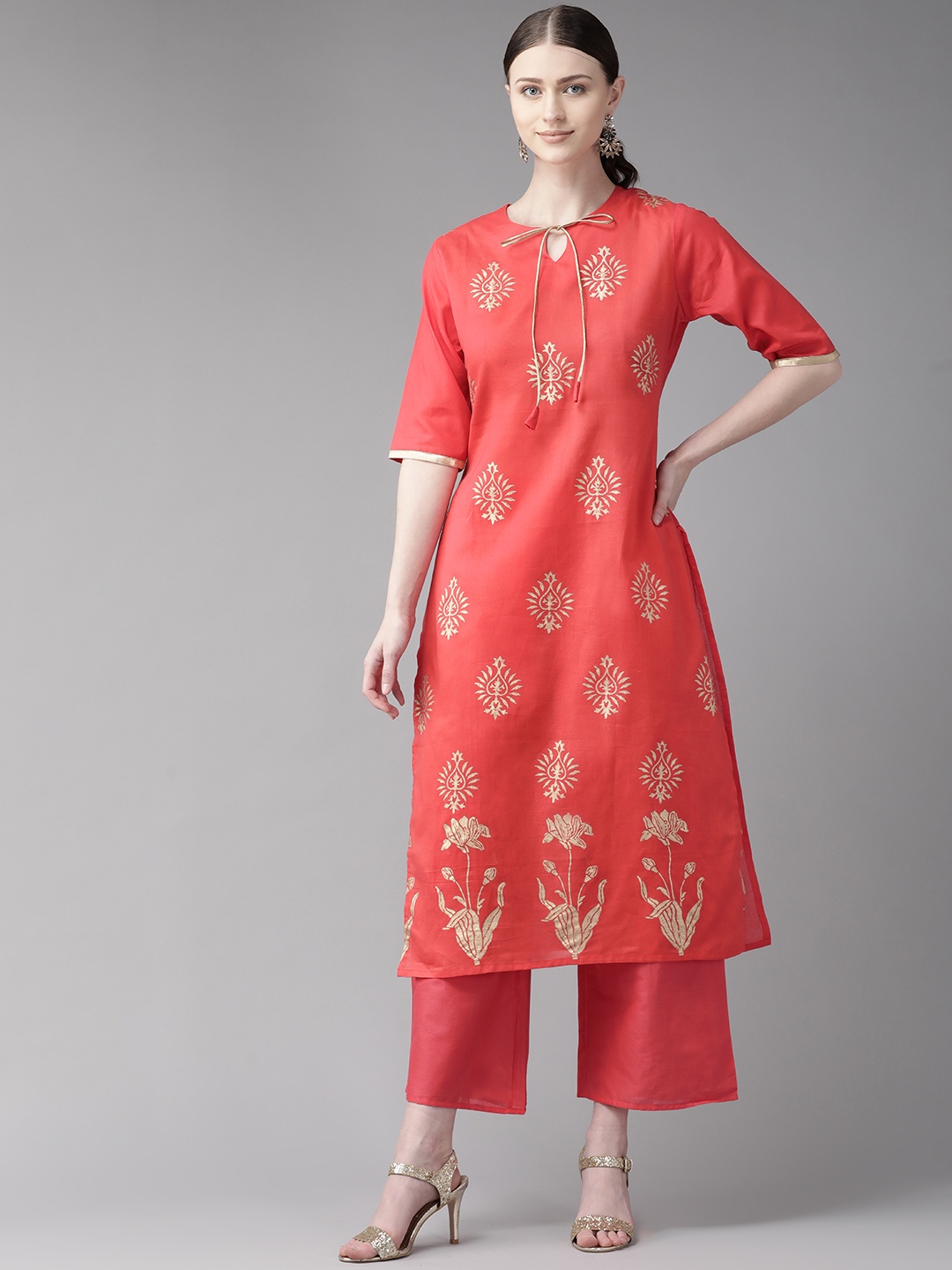 

Bhama Couture Women Pink & Golden Block Printed Kurta with Palazzos