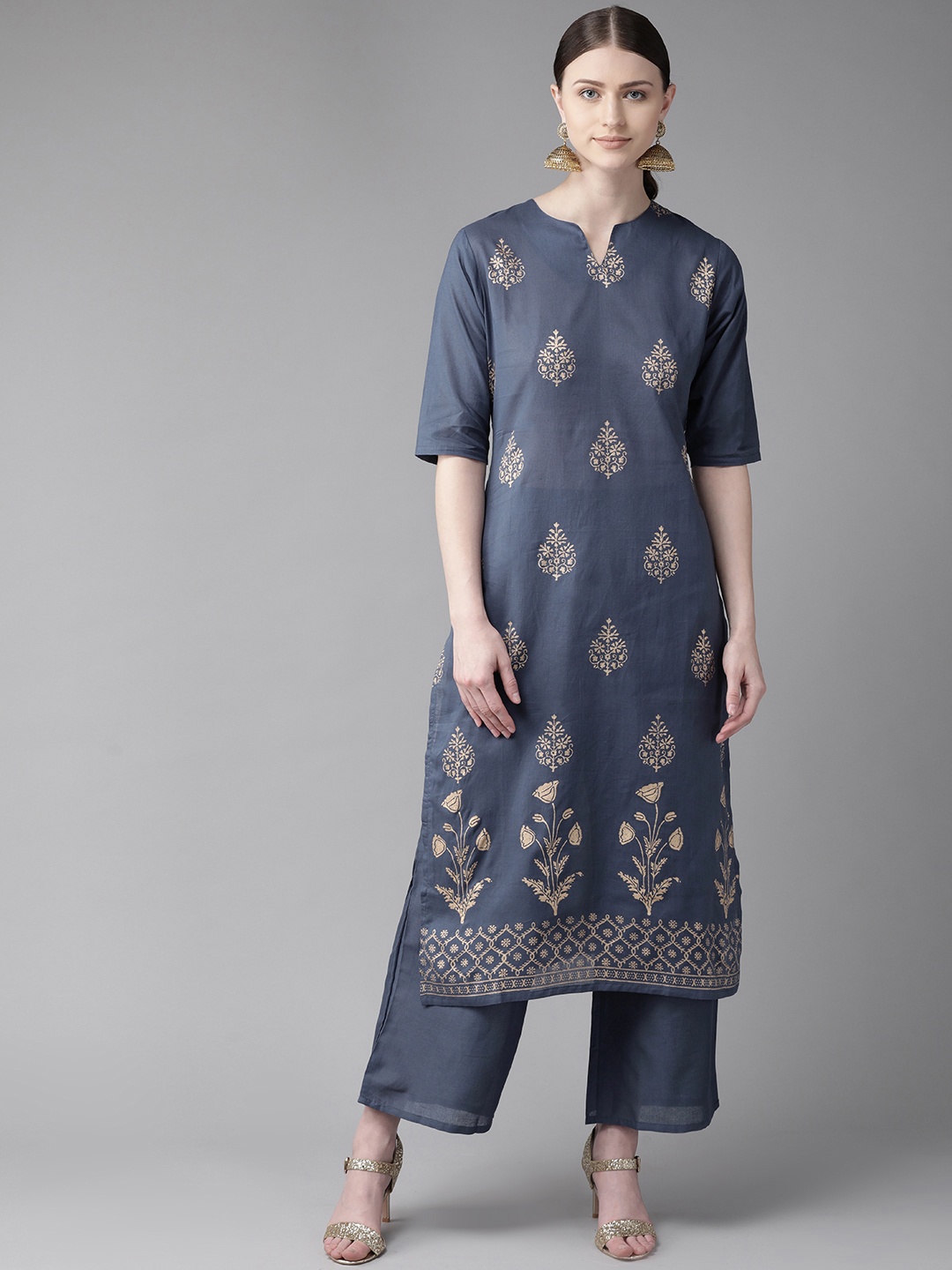 

Bhama Couture Women Blue & Golden Block Print Kurta with Palazzos