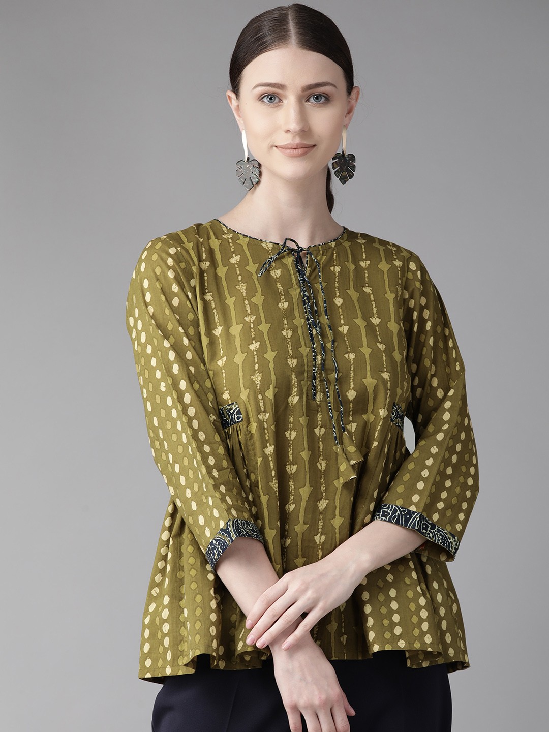 

Bhama Couture Women Olive Green Printed A-Line Top