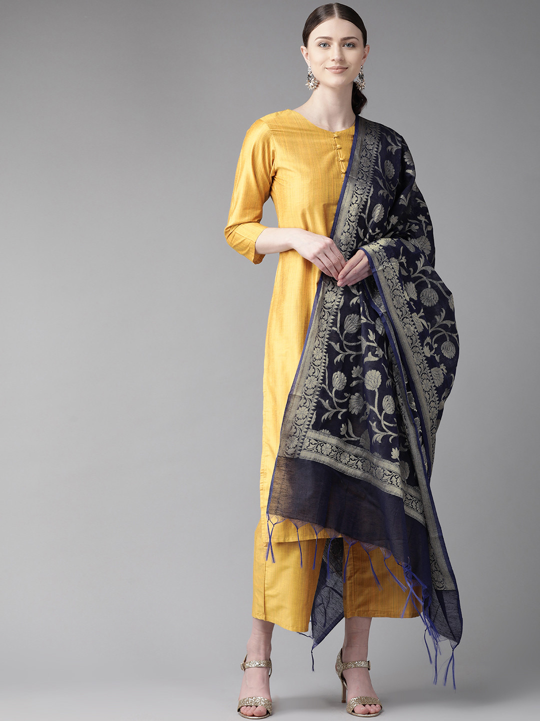 

Bhama Couture Women Mustard Yellow Solid Kurta with Palazzos & Dupatta