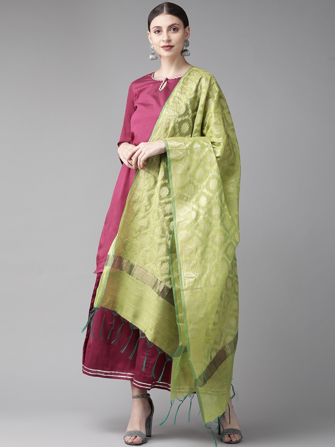 

Bhama Couture Women Purple & Green Solid Kurta with Palazzos & Dupatta