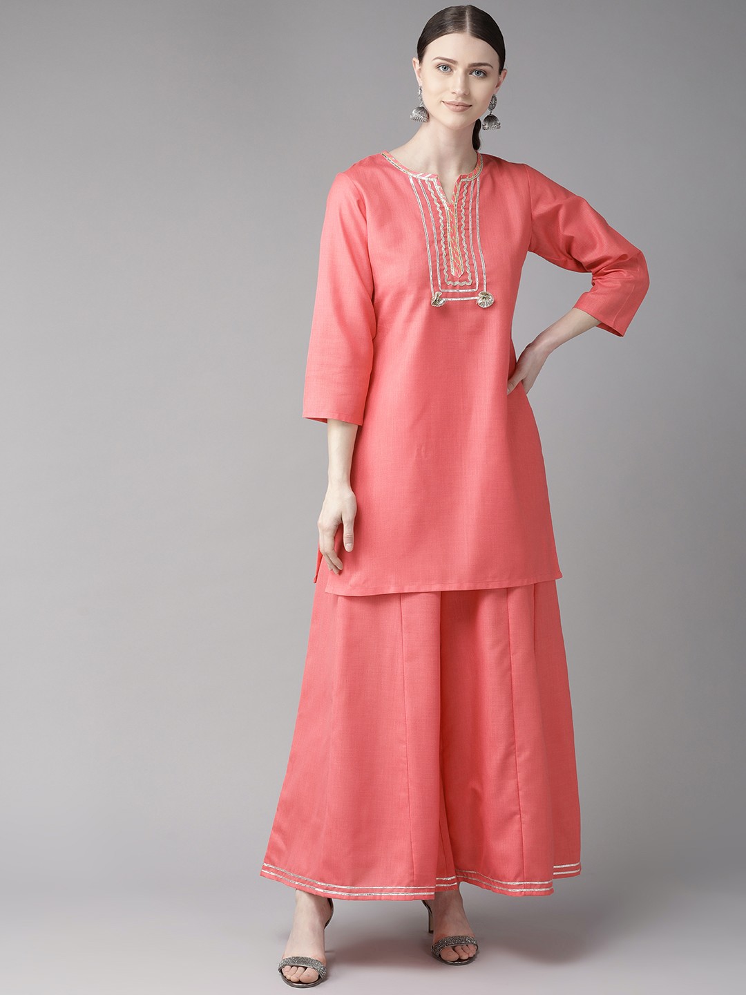 

Bhama Couture Women Pink Gotta Patti Yoke Design Kurta with Palazzos