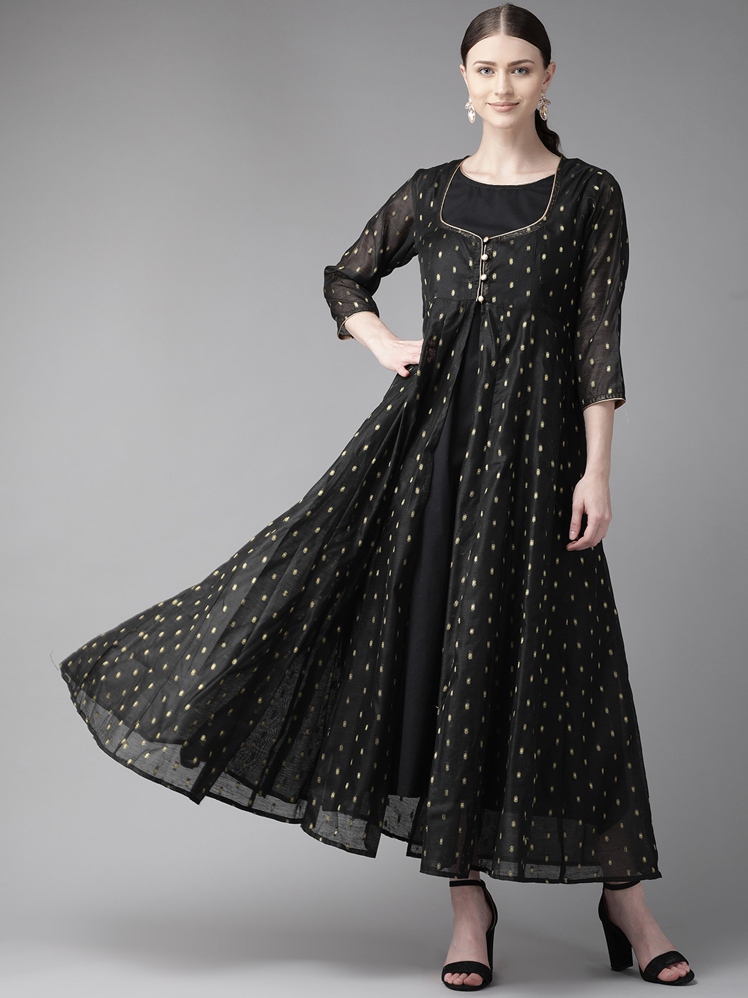 

Bhama Couture Women Black & Golden Self Design Layered Maxi Dress