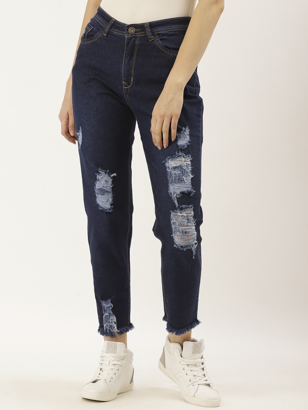

urSense Women Navy Blue Slim Fit High-Rise Highly Distressed Stretchable Jeans