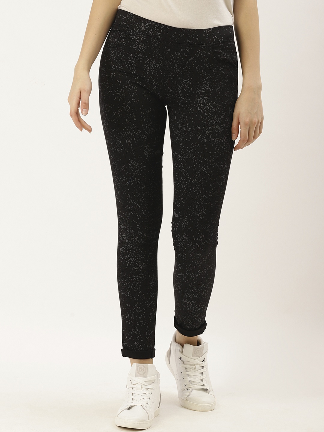 

urSense Women Black & Grey Printed Skinny Fit Treggings