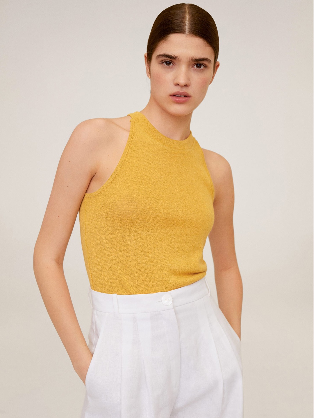 

MANGO Women Mustard Yellow Solid Fitted Top