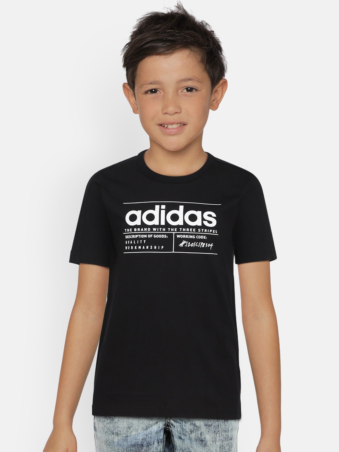 

ADIDAS Boys Black & White Brilliant Basics Brand Logo Print Round Neck T-shirt