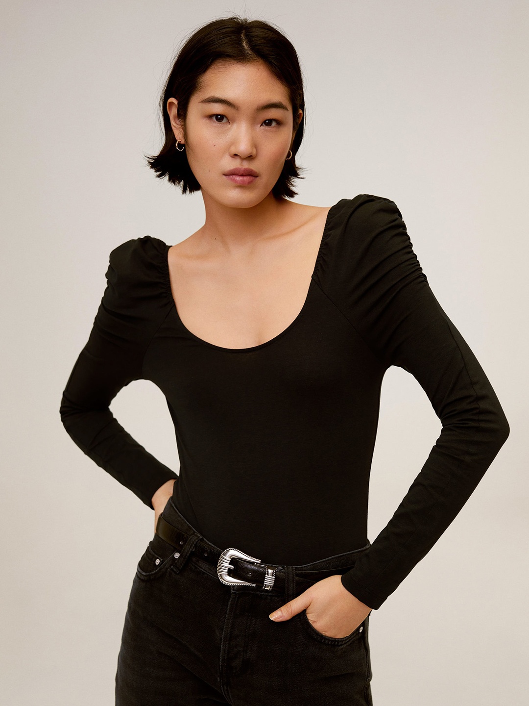 

MANGO Women Black Solid Bodysuit