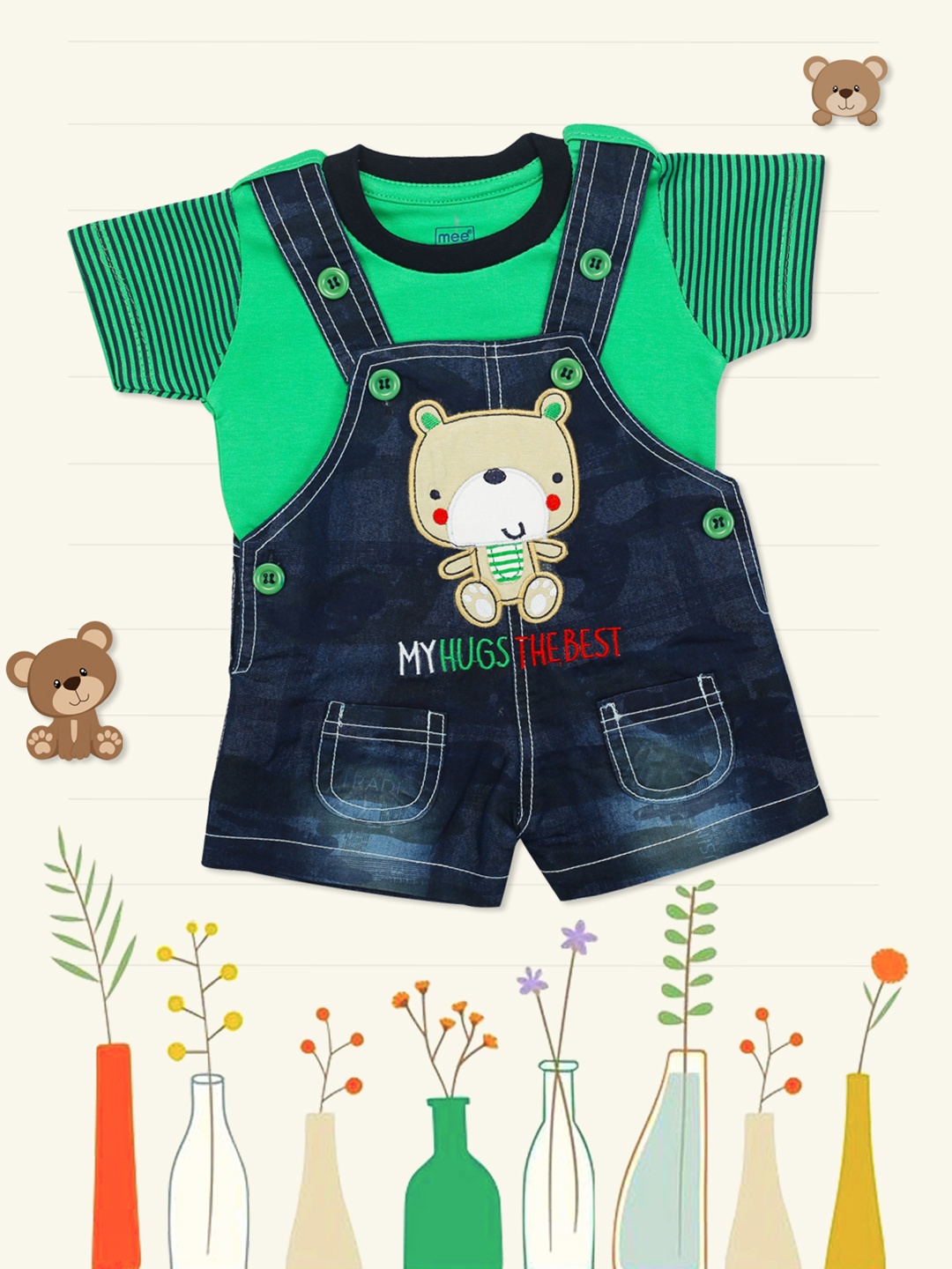

MeeMee Infant Boys Green & Blue Solid T-shirt with Denim Dungaree Shorts