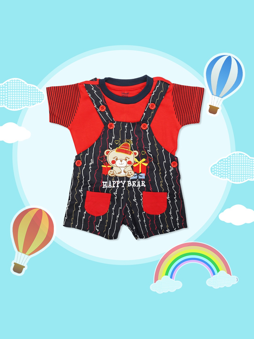 

MeeMee Infant Boys Navy Blue & Red Solid T-shirt with Dungaree Shorts