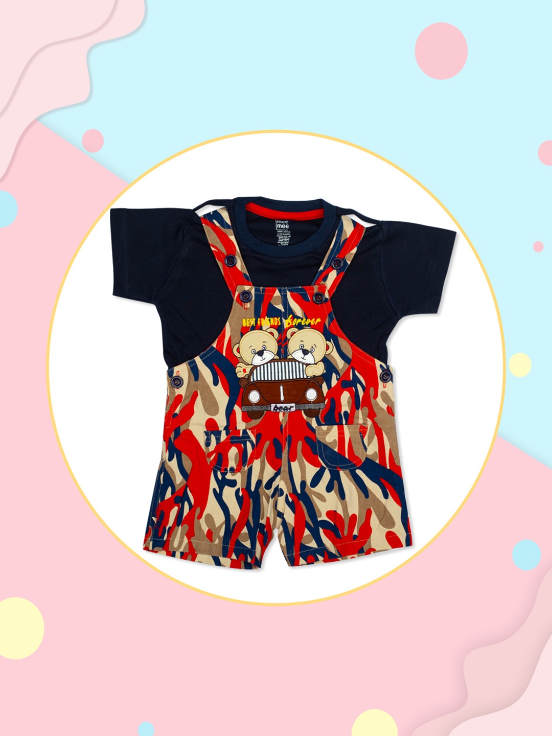 

MeeMee Infant Boys Blue & Red Solid T-shirt with Dungaree Shorts