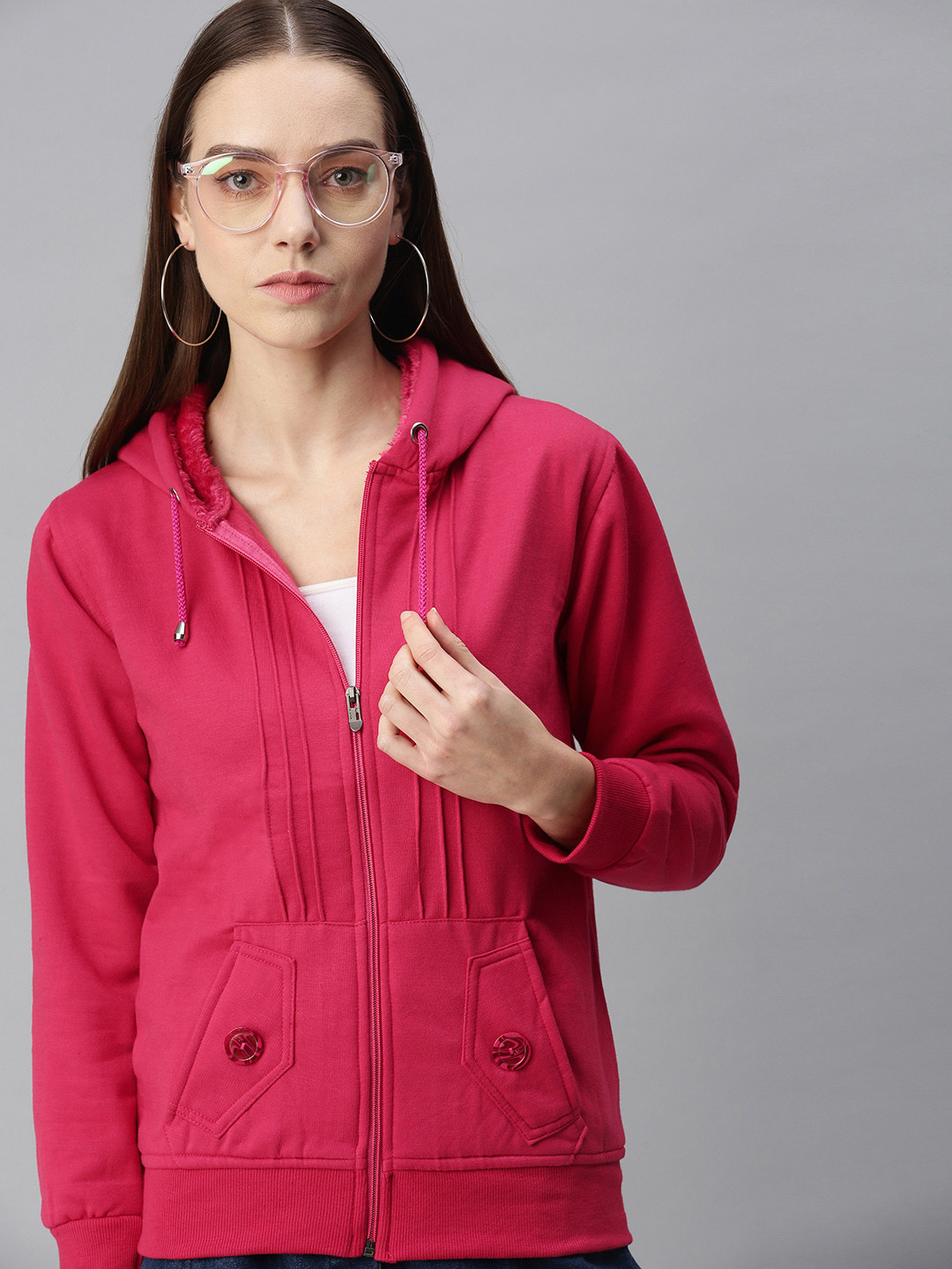 

VOXATI Women Pink Solid Hooded Sweatshirt