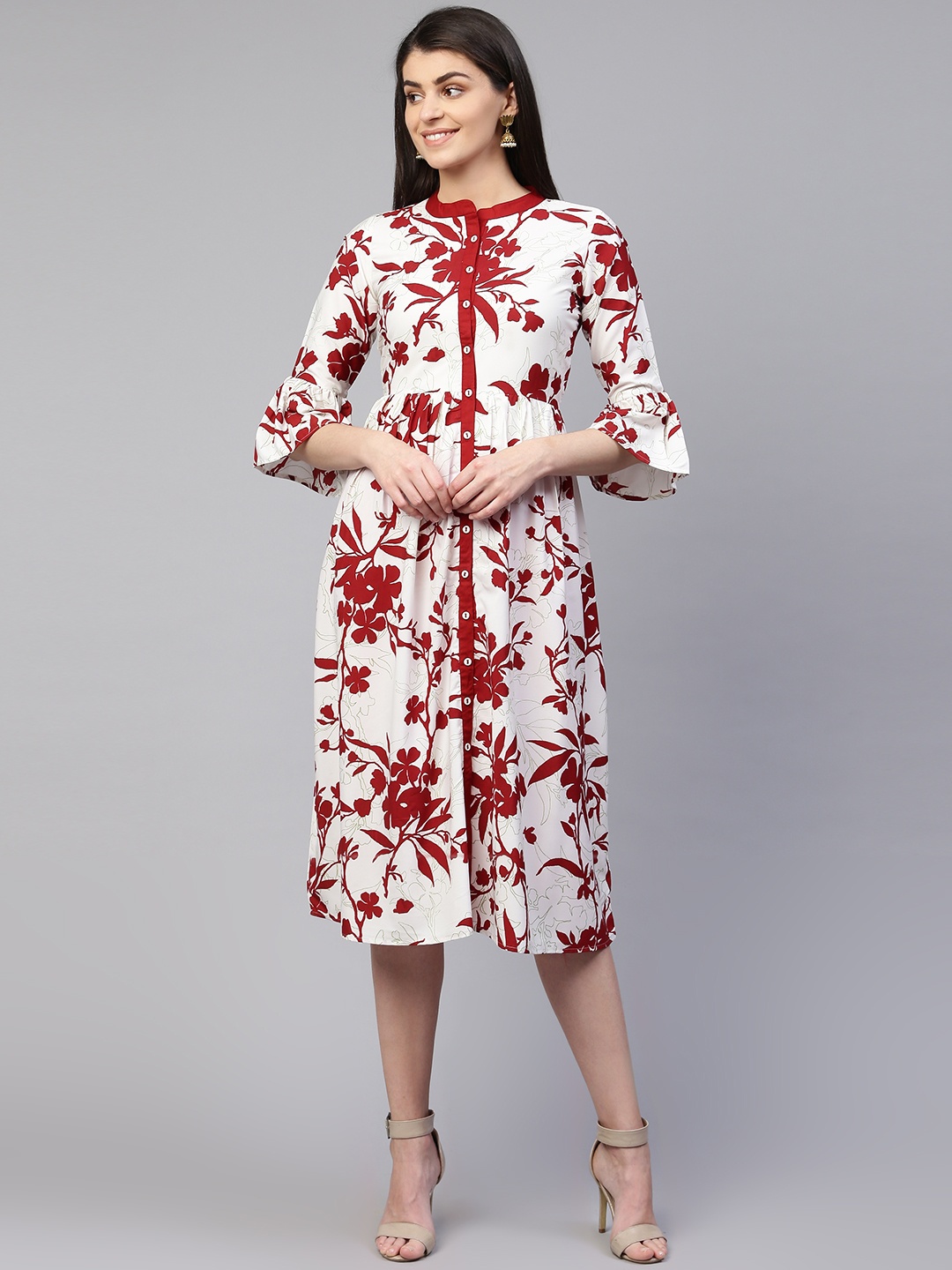 

RANGMAYEE Women White & Maroon Printed A-Line Dress
