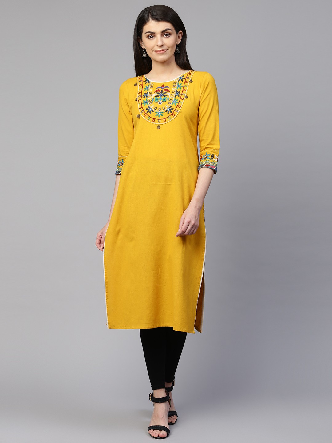 

RANGMAYEE Women Mustard Yellow Yoke Design Straight Kurta