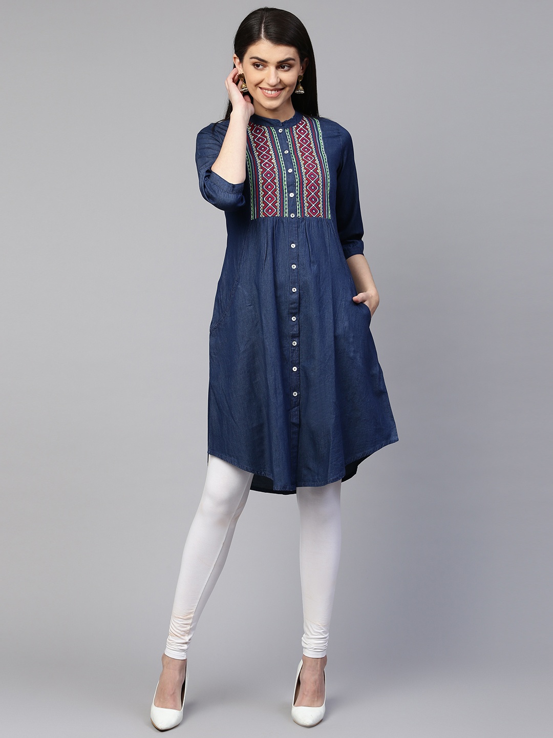 

RANGMAYEE Women Navy Blue Yoke Design Denim A-Line Kurta