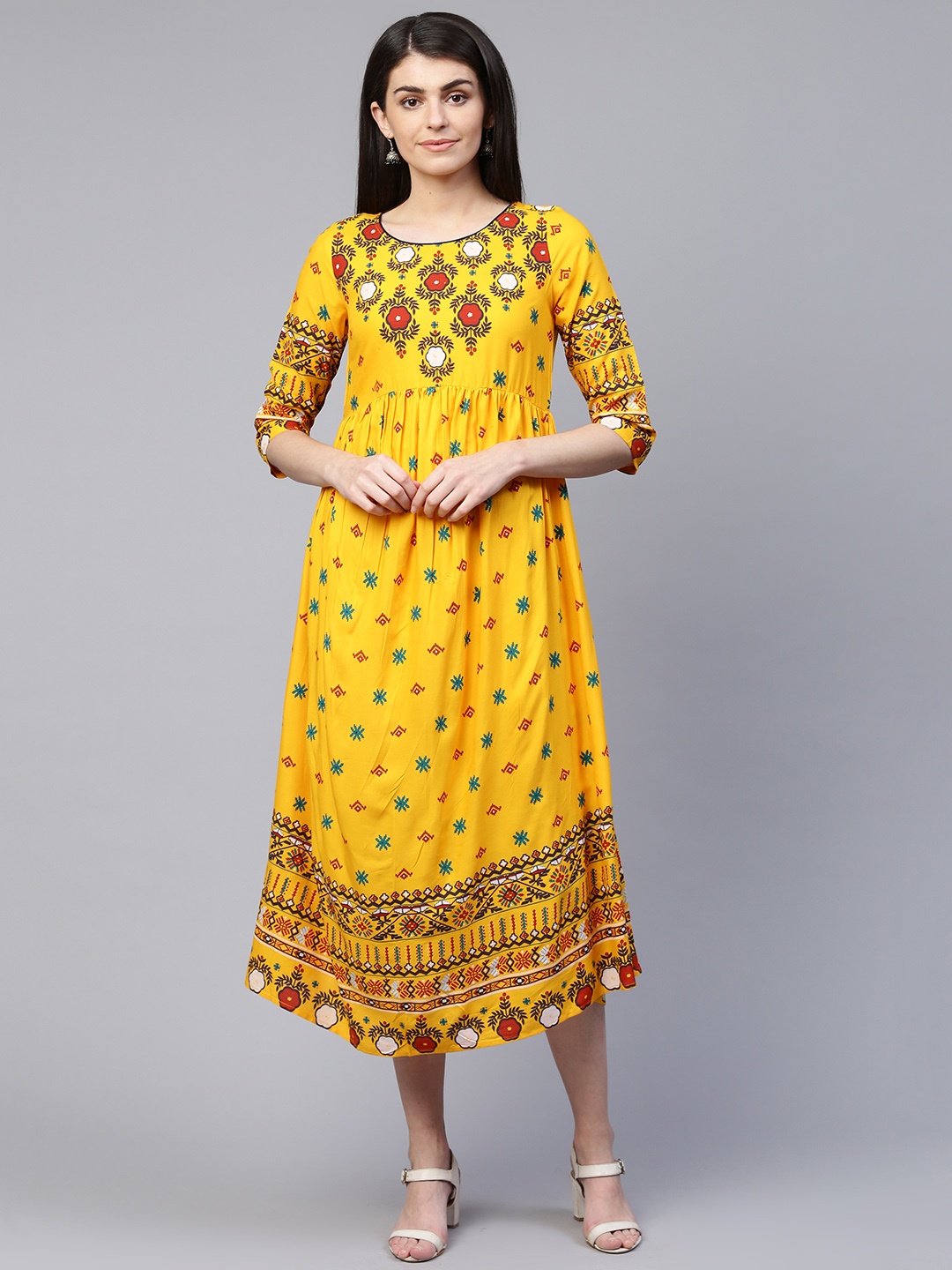 

RANGMAYEE Women Yellow & Maroon Printed A-Line Dress