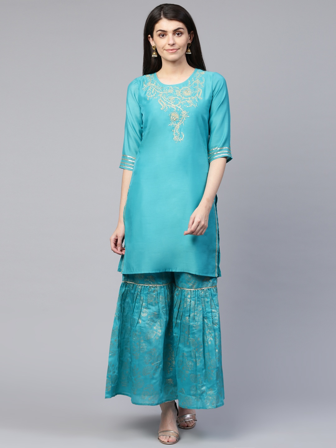 

RANGMAYEE Women Turquoise Blue & Golden Yoke Design Kurta with Sharara