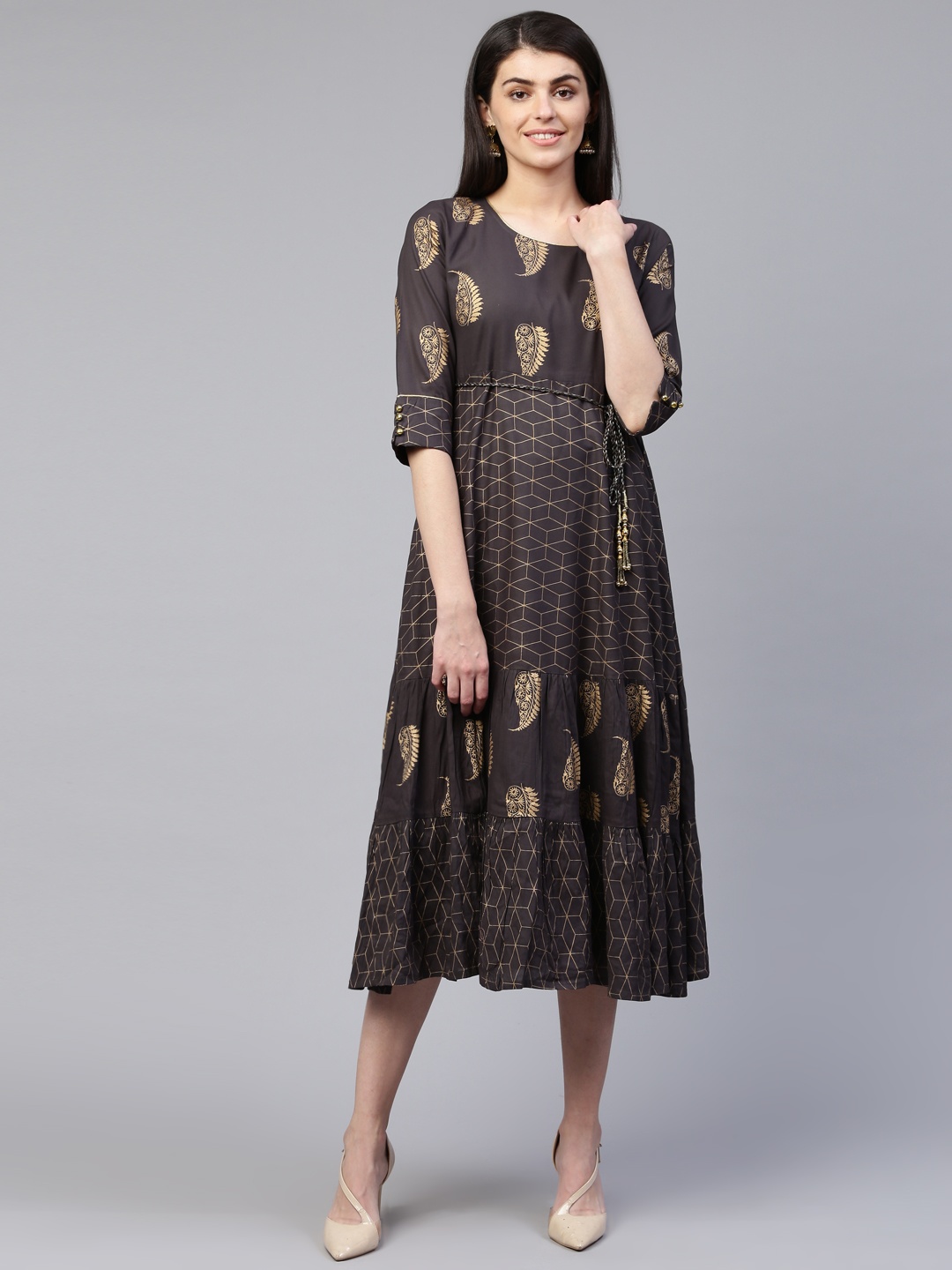 

RANGMAYEE Women Charcoal Grey & Golden Printed A-Line Dress