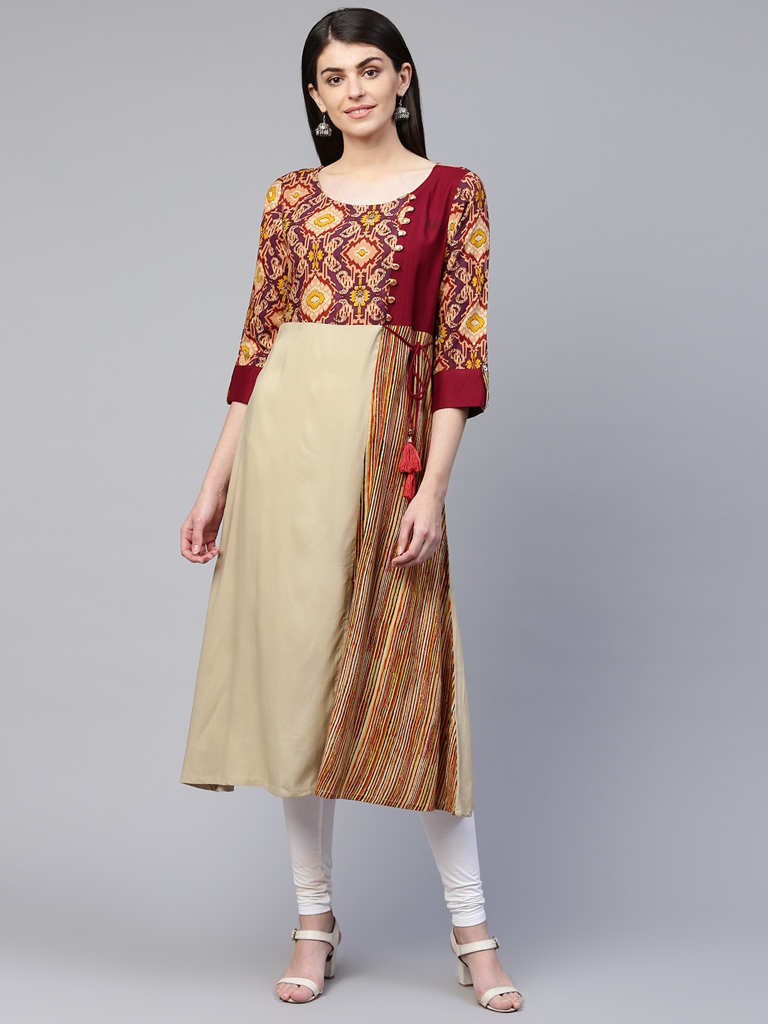 

RANGMAYEE Women Beige & Maroon Printed A-Line Kurta