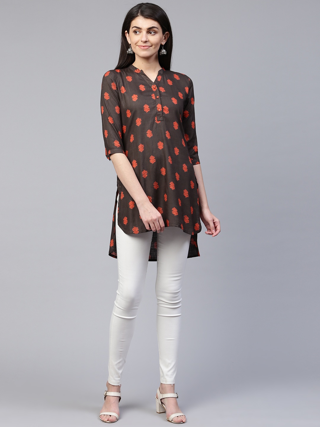

RANGMAYEE Women Coffee Brown & Orange Printed High-Low Tunic