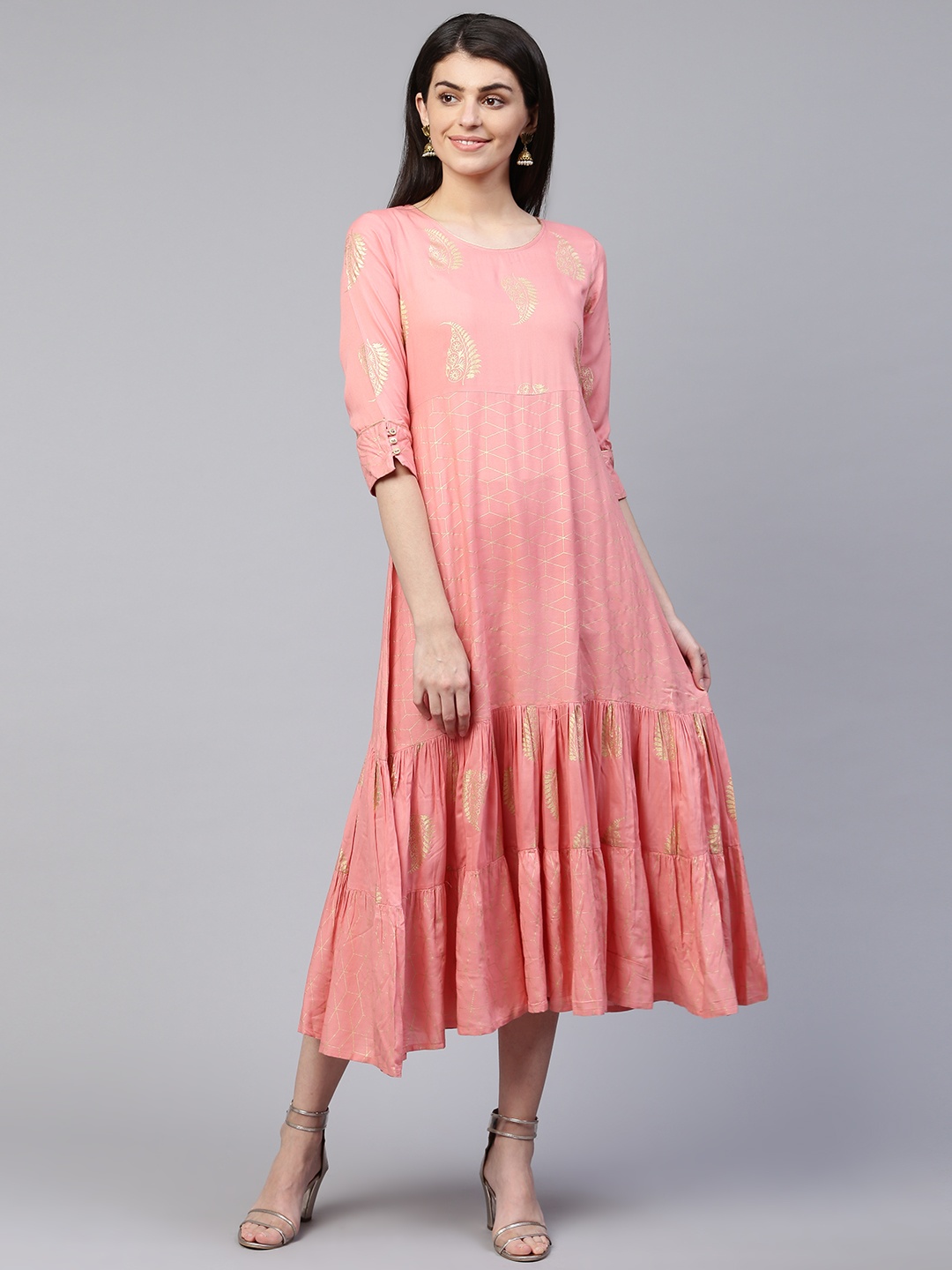 

RANGMAYEE Women Pink & Golden Printed A-Line Dress